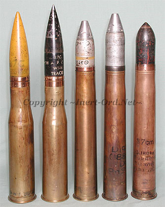 The two shells on the left are from the american 37mm M3 while the followin...